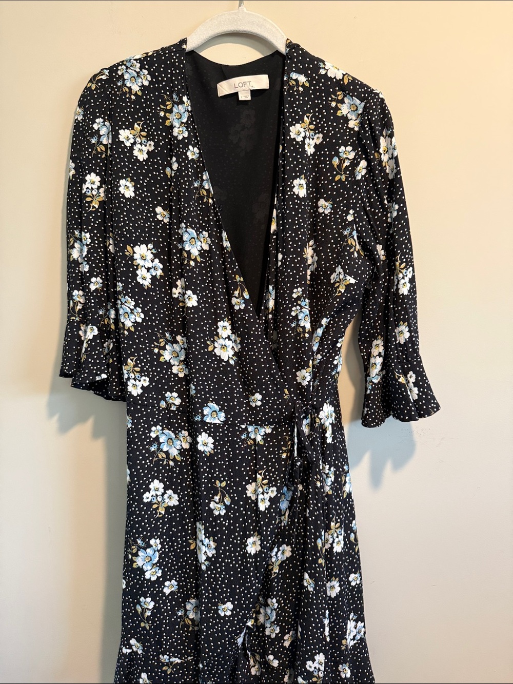 LOFT Black Midi Wrap Dress with Blue and White Floral Print